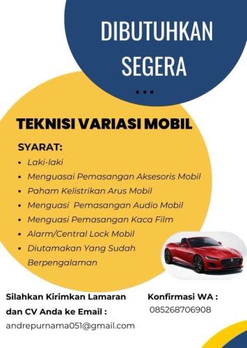 info Loker posisi Teknisi Variasi Mobil-Pangkalpinang