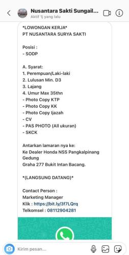 Info Loker Supervisor ODP Honda @Pangkalpinang