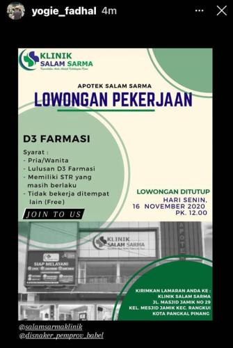 info Loker D3 Farmasi-klinik kesehatan @Pangkalpinang