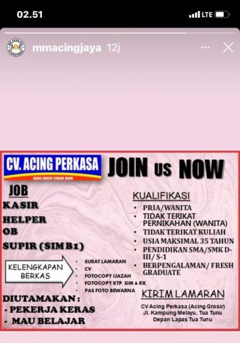 info Loker Kasir,Helper & Supir @CV Acing Perkasa-Pangkalpinang