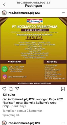 info Loker Barista @indomaret-Pangkalpinang