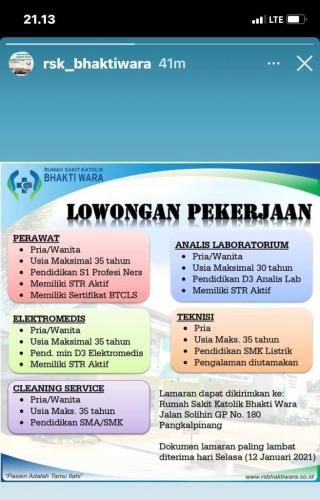 info Loker perawat,elektromedis,cleaning service,analis Lab,& Teknisi @RS.BHAKTIWARA