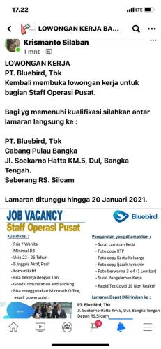 info Loker Staff Operasional @Bluebird-Pangkalpinang