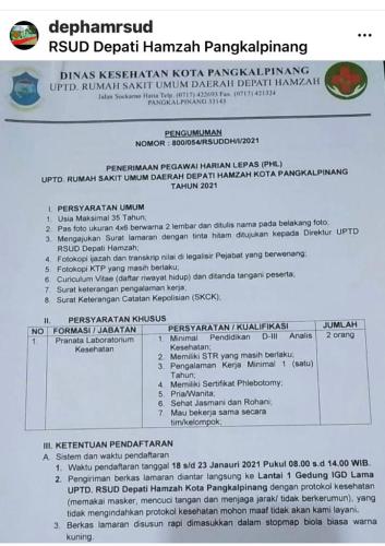 info Loker Laboratorium kesehatan @RSUD-Depati Hamzah-Pangkalpinang