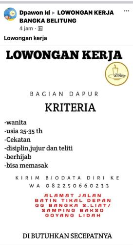 info Loker bagian Dapur-Dpawon @Pangkalpinang