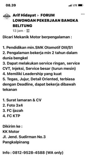 info Loker Mekanik @Pangkalpinang