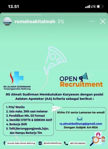 info Loker Asisten Apoteker-Rumah sakit Almah Sudirman @Tanjungpandan-Belitung