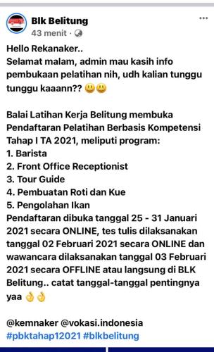 info Pelatihan Gratis @BLK Belitung