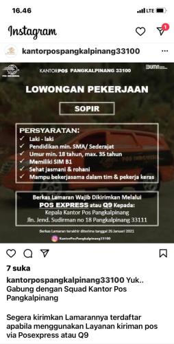 info Loker Driver-Kantor Pos @Pangkalpinang