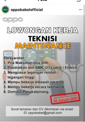 info Loker Teknisi Maintenance-Oppo Official @Pangkalpinang