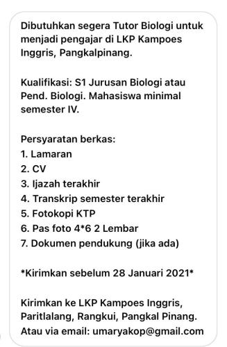 info Loker Pengajar/Tutor Biologi @LPK-Pangkalpinang