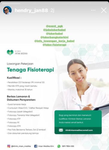 info Loker Tenaga Fisioterapi-klinik intan medika @Pangkalpinang