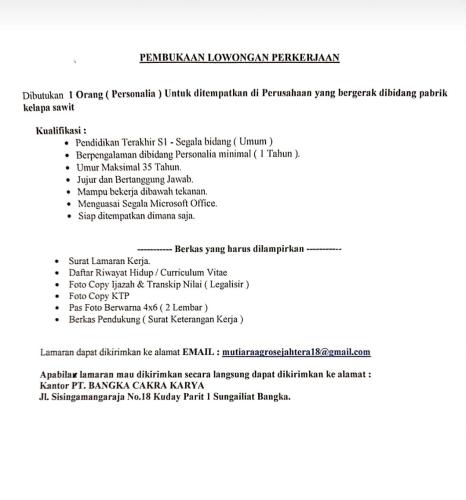 info Loker PERSONALIA @Sungailiat