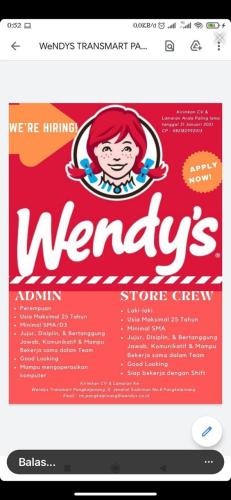 info Loker ADMIN & STORE CREW @Wendy's-Transmart Pangkalpinang