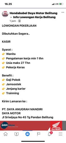 info Loker KASIR-Honda Babel Daya Motor @Belitung