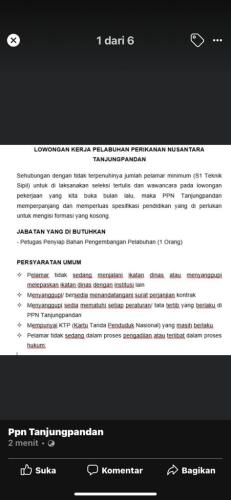 info Loker Petugas Penyiap Bahan Pengembangan Pelabuhan @Pelabuhan Perikanan Nusantara Tanjungpandan
