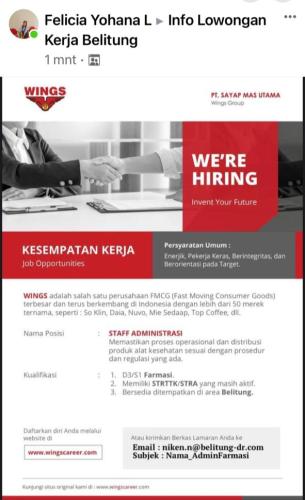 info Loker STAFF ADMINISTRASI @wings career-Belitung