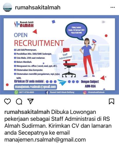 info Loker STAFF ADMINISTRASI @Rumah Sakit Almah-Belitung