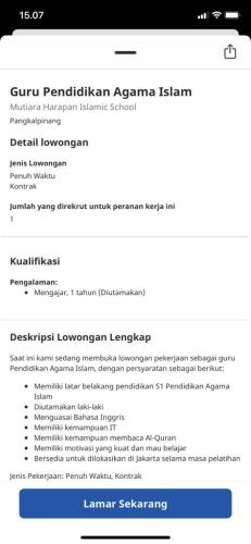 info Loker GURU PENDIDIKAN AGAMA ISLAM @Mutiara Harapan Islamic School-Pangkalpinang