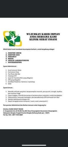 info Loker dokter Umum,dokter gigi,perawat,bidan,analis Lab & houseekeeping @klinik sehat insani-Bangka Tengah