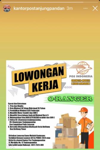 info Loker O-Ranger MOBILE @Kantor Pos Tanjungpandan