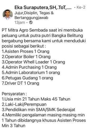 info Loker PT.Mitra Agro Sembada @Bangka Belitung