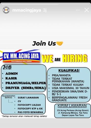 info Loker Admin, Kasir, Helper & Driver @CV.MM Acing-Pangkalpinang
