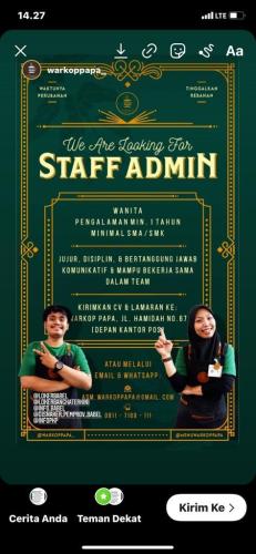 info Loker Staff Admin @Warkop PAPA-Pangkalpinang