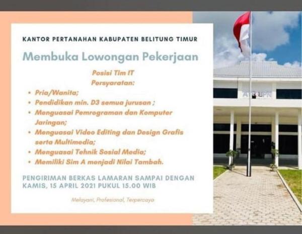info Loker Tim iT @Kantor Pertanahan Kab.Beltim