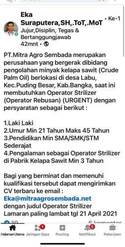 info Loker Operator Strilizer @PT.Mitra Agro Sembada-Puding Bangka