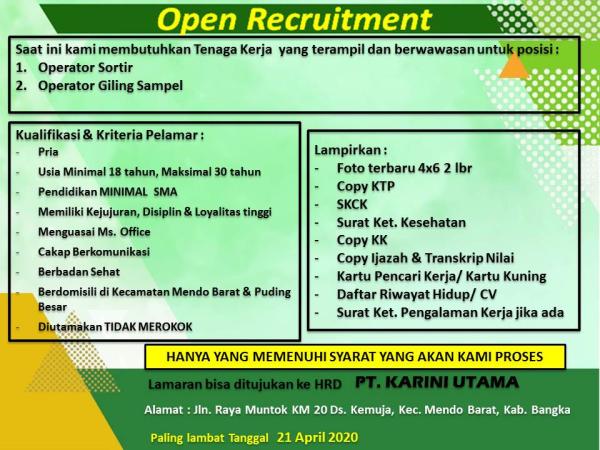 info Loker Operator Sortir & operator Giling Sampel @PT.Karini Utama-Mendo Barat