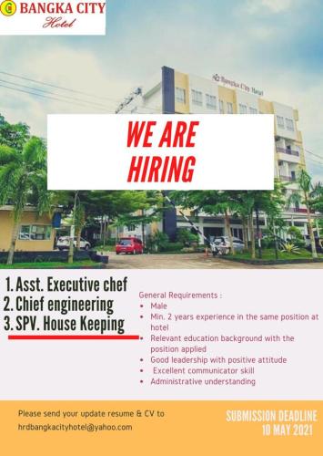 info Loker Asst.Executive Chef,Chief Engineering,SPV.Housekeeping @Hotel Bangka City