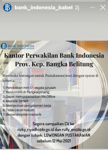 info Loker Pustawakan/wati @Kantor Perwakilan Bank Indonesia -Bangka Belitung