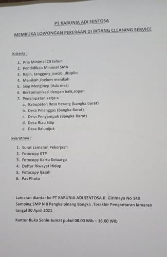 info Loker Cleaning Service @desa Berang,desa Pelangas,desa Penyampak,desa Riau Silip, desa Balu  ijuk