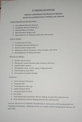 info Loker Akuntansi,Administrasi,Teknisi,Juru masak @PT.Karunia Adi Sentosa