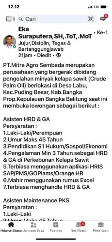 Info Loker Asisten HRD & GA,Asisten Maintenance PKS,Asisten Sortasi/Greding @Puding Besar-Bangka