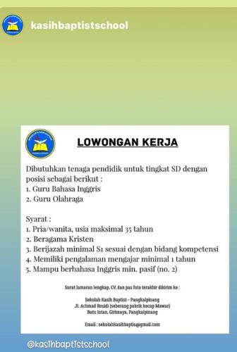 info Loker Guru Bahasa Inggris & Guru Olahraga @Sekolah Kasih Baptis-Pangkalpinang