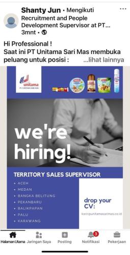 info Loker Territority Sales Supervisor @PT.Unitama Sari Mas-Area Bangka Belitung