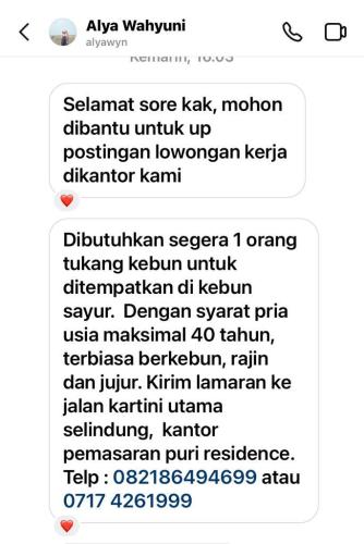 info Loker Tukang kebun @Kantor Pemasaran Puri Residence-Pangkalpinang