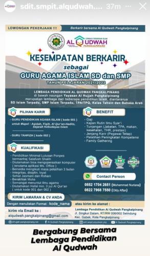 info Loker Guru Agama Islam SD dan SMP @Lembaga Pendidikan AL QUDWAH-Pangkalpinang