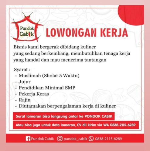 info Loker Staff Dapur @Pundok_cabik-Pangkalpinang