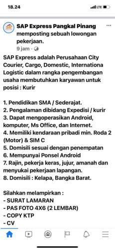 info Loker KURIR @SAP Express Pangkalpinang-Penempatan Kelapa/Bangka Barat