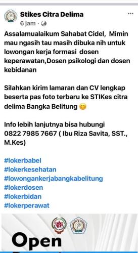 info Loker Dosen Keperawatan,Psikologi & Kebidanan @Stikes Citra Delima-Pangkalpinang