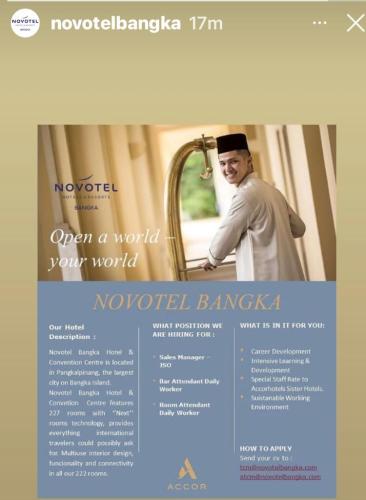 info Loker Sales Manager,Bar Attendant & Room Attendant @Novotel Bangka