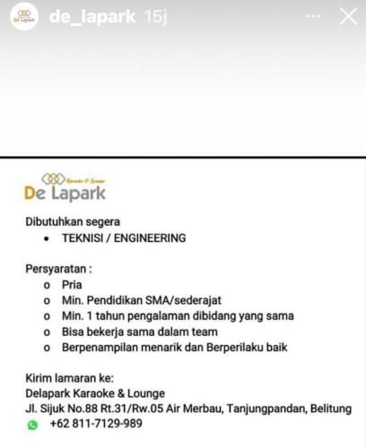 info Loker Teknisi/Engineering @de_lapark-Belitung