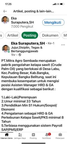 info Loker Asisten Manager HRD & GA @PT.Mitra Agro Sembada-Puding/Bangka