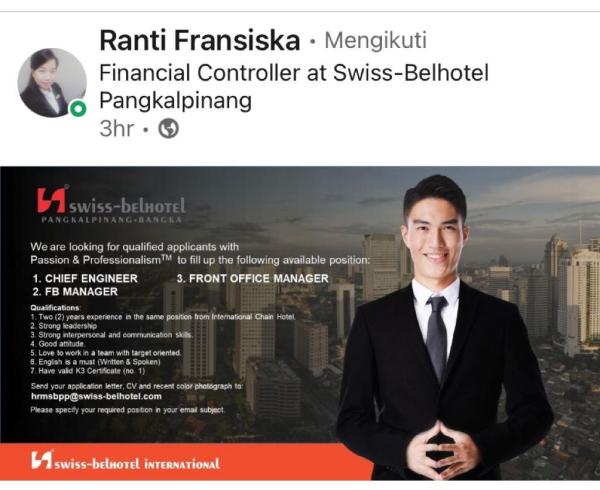info Loker Chief Engineering, FB Manager & Font Office Manager @SwissBell Hotel-Pangkalpinang