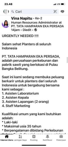 info  Loker Asisten:Laboratorium,Kepala,Lapangan:  & Staff Marketing @ PT.THEP-Bangka Belitung