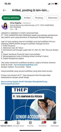 info Loker Staff Accounting @PT.THEP-Bangka Belitung