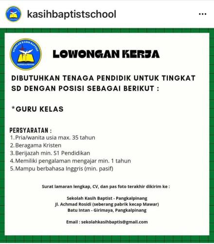 info Loker Guru Kelas SD @kasihbaptis-Pangkalpinang